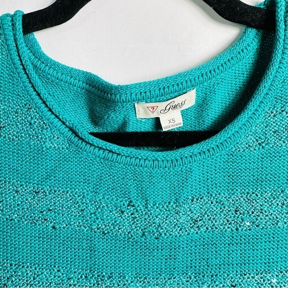 NWT Guess Women’s Sz XSmall Bombay Sapphire Anali Sequin Short Sleeve Sweater - Picture 2 of 8